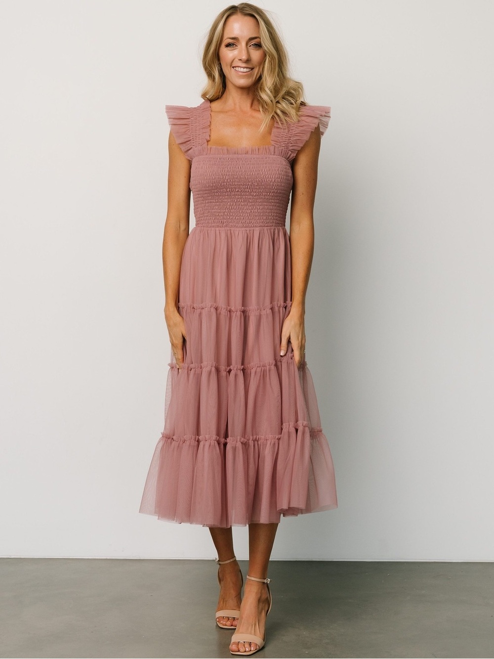 NWT Baltic Born Mauve Emma Smocked Tulle Midi Dress Small Stretch Ruffle Formal